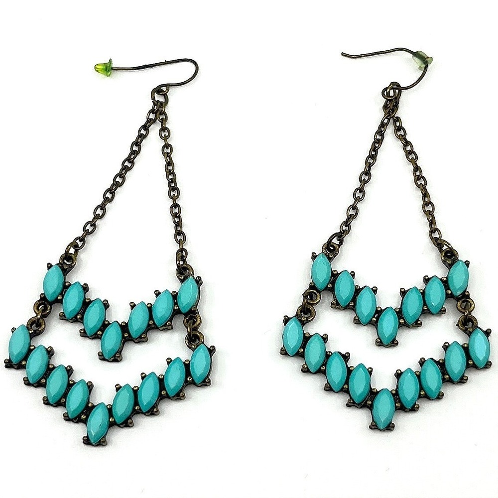 Vintage Y2K Retro Teal Marquise Bead Chandelier Earring Bronze Tone Boho Jewelry